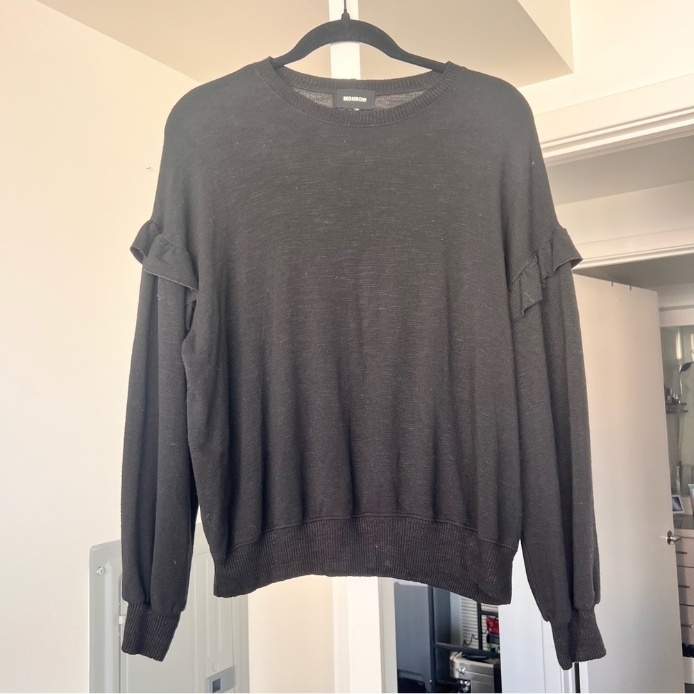 Monrow Cotton Blend Black Ruffle Sweater- S- Excellent Condition